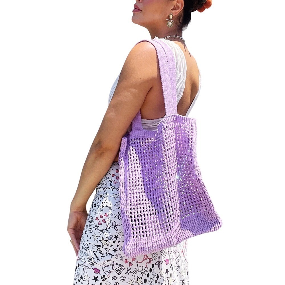 Up-Cycled Whimsical Boho Pastel Purple Sparkly Embellished Rhinestone Tote Bag